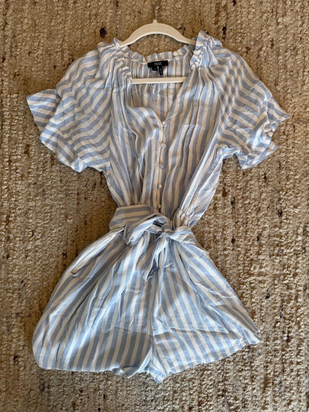 PAIGE Blue White Stripe Romper Size M Belted Button Front Lightweight